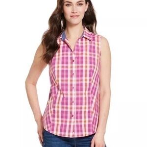 😻Izod Poplin Sleeveless Plaid Button Down Shirt